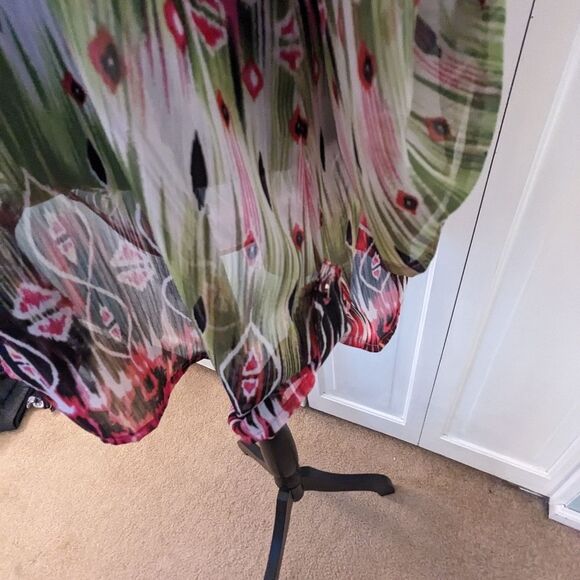 Glance Top Womens sz XL Multi Geometric Pattern Sheer Tunic TabSleeve Pink Green - Picture 4 of 9